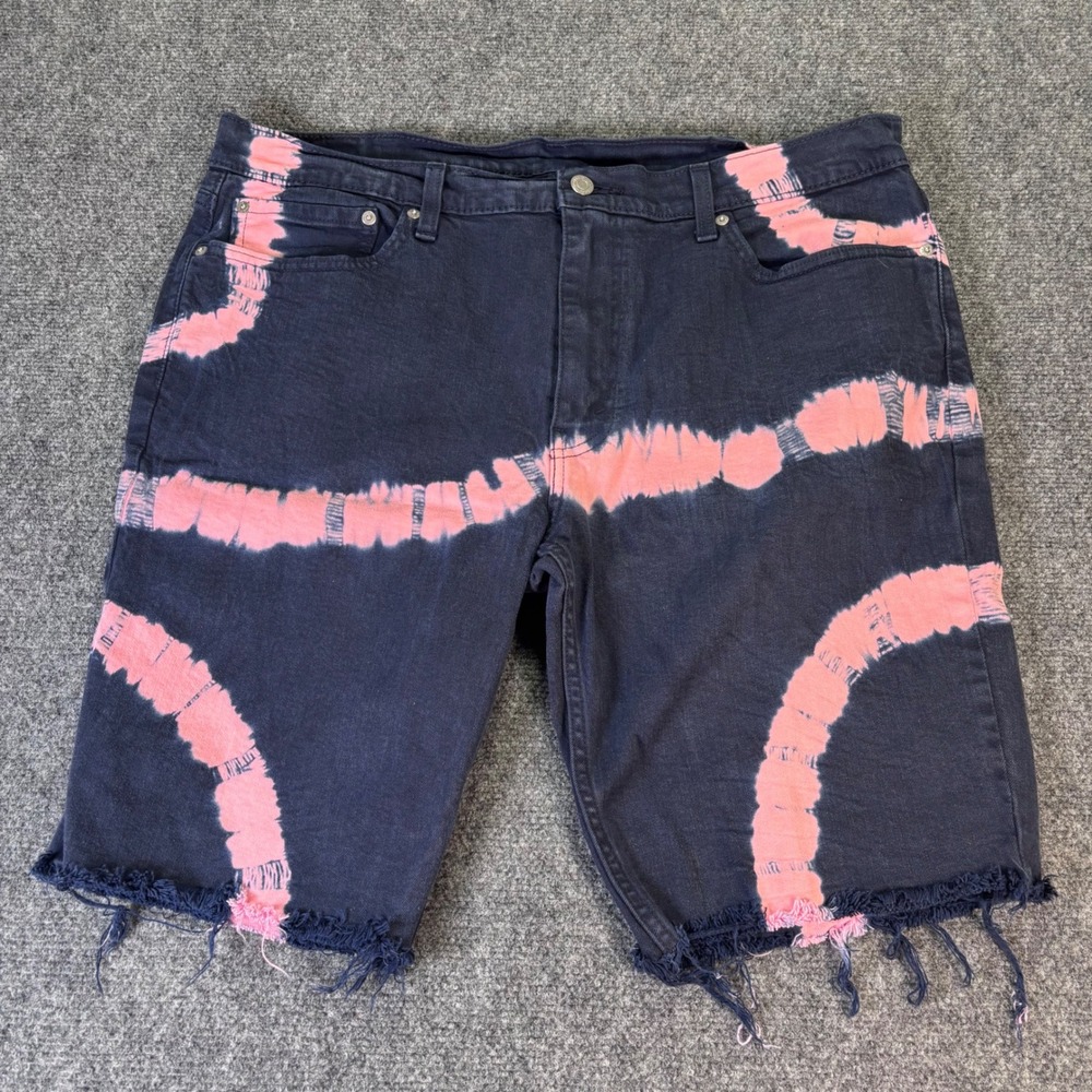 Levi's 511 Slim Fit Denim Shorts Mens 38 Blue Pink Tie Dye Bleach Raw Hem Jorts